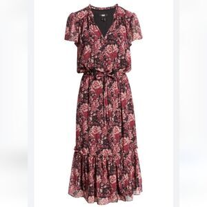 LYNDIE FLORAL SPLIT NECK DRESS Tassels Flutter Sleeve BLACK & PINK Size S